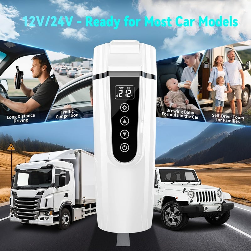 FVPE Car Electric Kettle for Travel : 12V/24V Small Electric Water Kettle, Multi-Temp Control 400 mL Portable Car Water Boiler for Brewing Coffee Tea,LCD Display 304 Stainless Steel Truck Heating Cup - Image 5